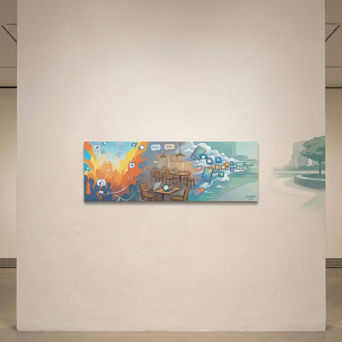 The image is a vibrant and colorful painting displayed on a white wall.