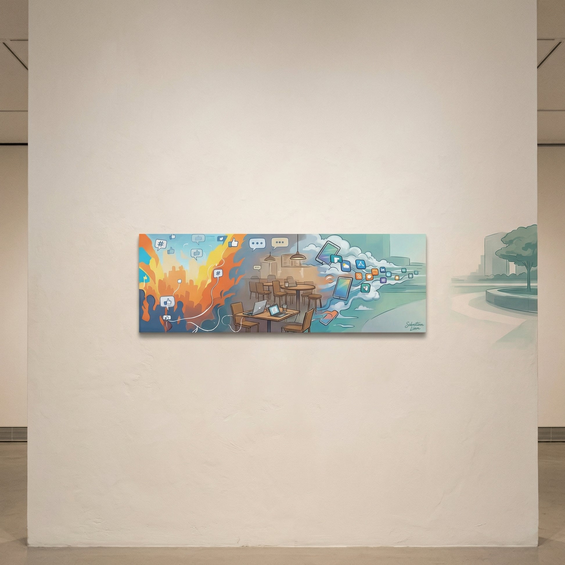 The image is a vibrant and colorful painting displayed on a white wall.
